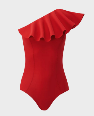 red one shoulder ruffle swimsuit