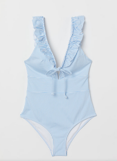 striped swimsuit with ruffles