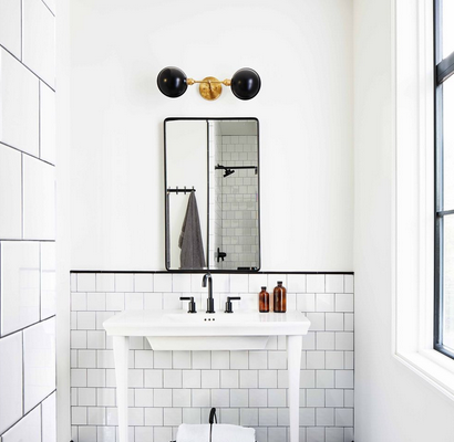 colorful modern home decor, black and white graphic tiles bathroom