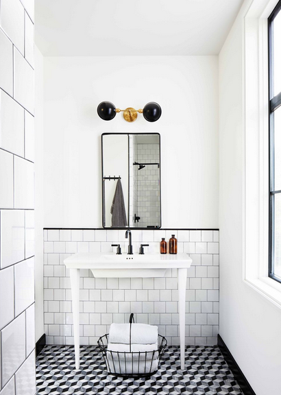 colorful modern home decor, black and white graphic tiles bathroom