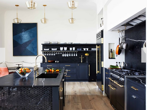 colorful modern home decor, black and white kitchen