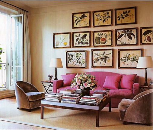 Lee Radziwill Paris living room with pink sofa and botanical prints