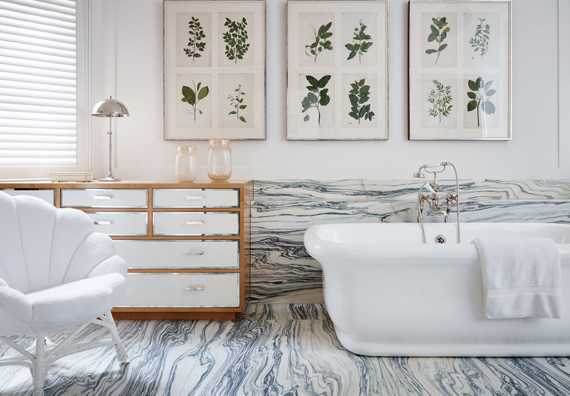 bathroom design with botanical prints and Soane Britain chair