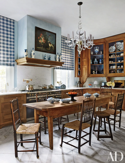 Axel Vervoordt, Betty Gertz's kitchen, Lacanche range and gingham shades