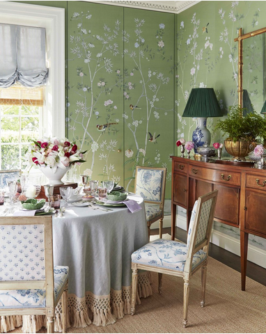 Caroline Gidiere's home dining room with de Gournay wallpaper