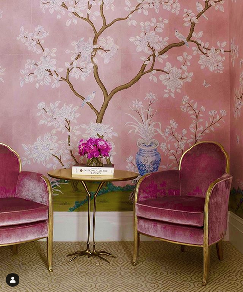 pink chinoiserie wallpaper, Mcmillen inc via Gracie Studio   