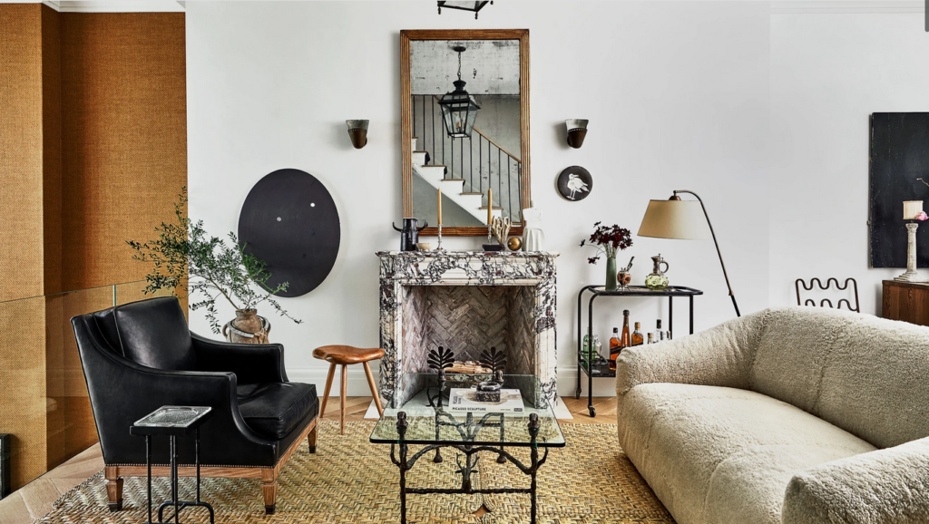 Nate Berkus and Jeremiah Brent living room with fireplace
